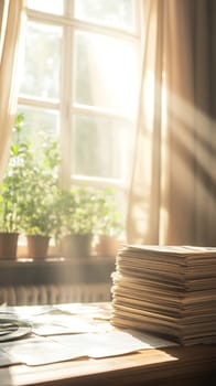Sunlight streams through a window, illuminating a stack of papers in a serene, plant filled room.