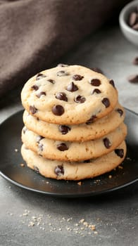 A tempting stack of freshly baked chocolate chip cookies on a black plate, perfect for a sweet treat.