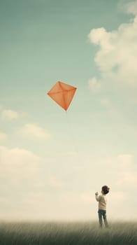 Young boy flying a vibrant kite in a wide open field under a clear sky, embracing a joyful moment in nature.