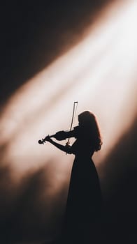 A silhouette of a violinist playing passionately under dramatic lighting, creating an artistic and captivating scene.