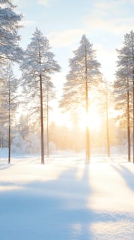 Sunlight streams through snow covered trees in a serene winter forest, creating a picturesque scene of natural beauty.