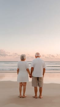 Elderly couple holding hands, gazing at the ocean during a serene sunset, symbolizing love and companionship.