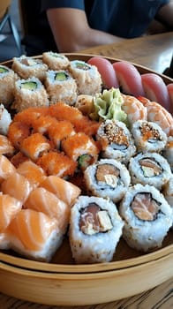 A colorful assortment of sushi on a wooden table, showcasing a variety of fresh ingredients and culinary artistry.