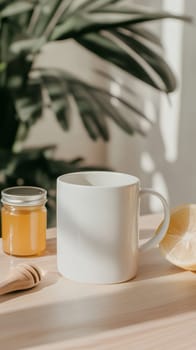 A cozy setup featuring a mug with honey and lemon in a sunlit kitchen, perfect for a relaxing morning ritual.