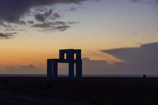 Le Havre, France - February 26, 2025: UP 3 is a monumental sculpture in white concrete by Sabina Lang and Daniel Baumann installed permanently on the beach in Le Havre since July 2018
