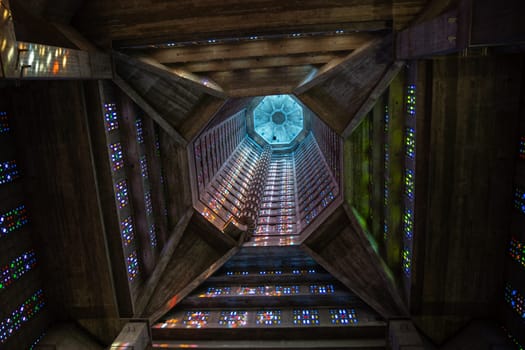 Le Havre, France, February 26 2025: Bell tower of St. Joseph's Church from the inside, Le Havre, showcasing Auguste Perret modernist design with vibrant stained glass