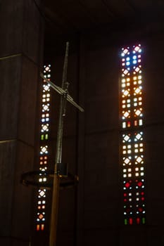 Le Havre, France, February 26 2025: Interior of St. Joseph s Church in Le Havre, showcasing Auguste Perret s modernist design with vibrant stained glass