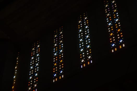 Le Havre, France, February 26 2025: Interior of St. Joseph s Church in Le Havre, showcasing Auguste Perret s modernist design with vibrant stained glass