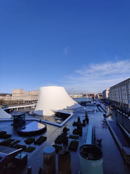 Le Havre, France, February 26, 2025: A window view of Le Havre featuring Oscar Niemeyer's Volcano, a bold and modern architectural landmark in Normandy, blending curves and concrete