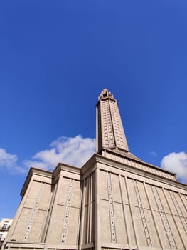 Le Havre, France, February 26 2025: Tower of St. Joseph Church in Le Havre, showcasing Auguste Perret modernist design with vibrant stained glass
