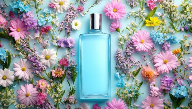 A light-blue perfume bottle sits amidst a vibrant arrangement of pastel-colored flowers on a light-blue background.
