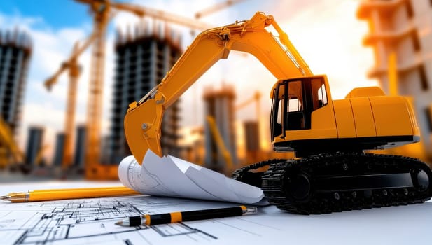 A yellow excavator rests on construction blueprints, showcasing the planning and execution of a building project.
