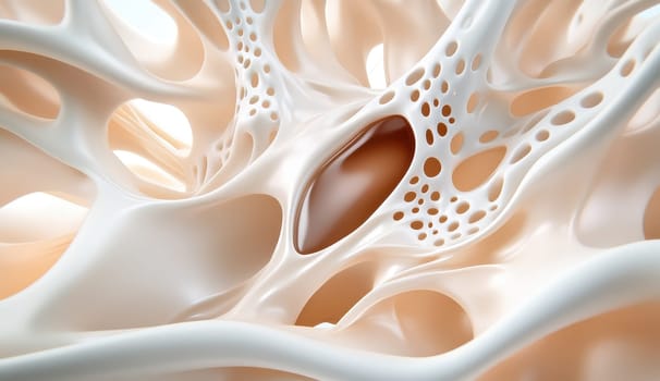 Abstract beige organic structure with a brown liquid filling a cavity, resembling a complex, porous network.
