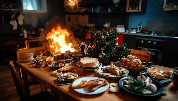 A ruined Christmas dinner sits on a table, flames blaze in the background, depicting a disastrous holiday feast.