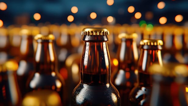 Close-up of numerous beer bottles with golden caps, creating a festive, celebratory mood.
