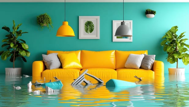 A flooded living room with a yellow couch and teal walls shows the devastating effects of water damage in a modern home interior.