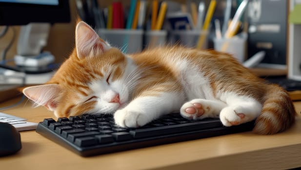 A fluffy ginger kitten naps peacefully on a computer keyboard, its paws tucked neatly, creating a charming and heartwarming scene.