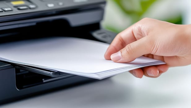 A hand carefully feeds a stack of blank paper into a printer's input tray.