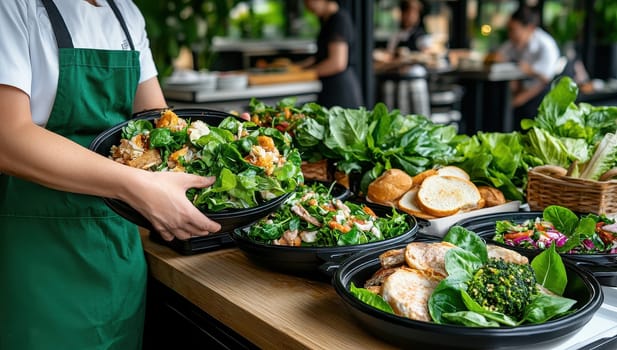 A chef carefully serves fresh, healthy salad from a bowl, showcasing a buffet of delicious, prepared food.