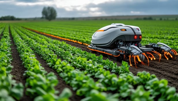 Autonomous farming robot cultivates a field of leafy greens, showcasing precision agriculture technology.