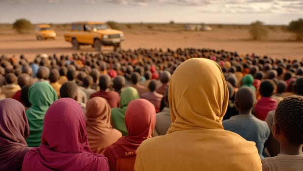 A large crowd of people, many wearing headscarves, attentively watch a yellow vehicle in a desert setting.