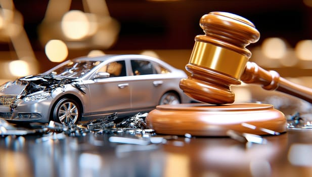 Damaged car and judge's gavel symbolize a car accident lawsuit.