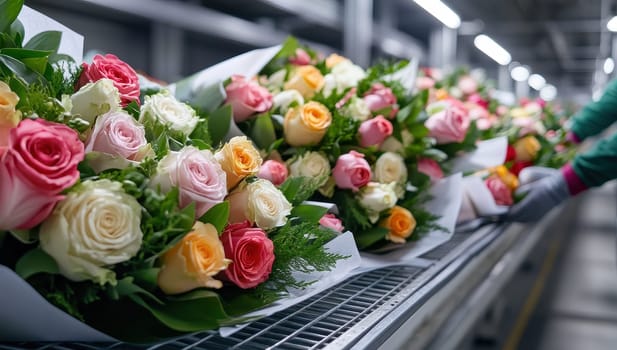 Beautifully arranged bouquets of pastel roses are prepared for delivery in a flower processing facility.
