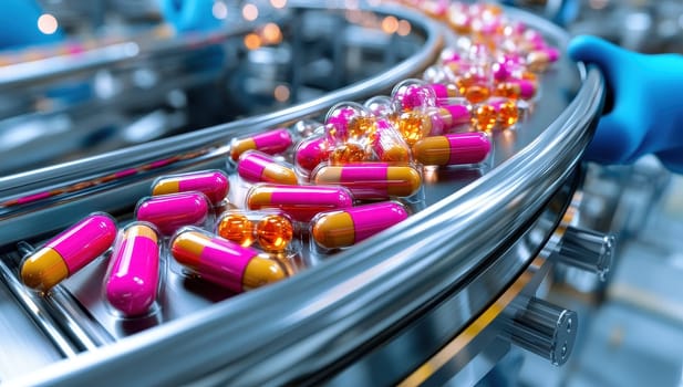 Automated pharmaceutical production line showcasing pink and orange capsules moving along a conveyor belt.