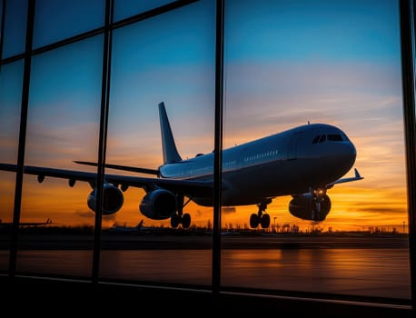 A passenger airplane lands at sunset, viewed through an airport terminal window.