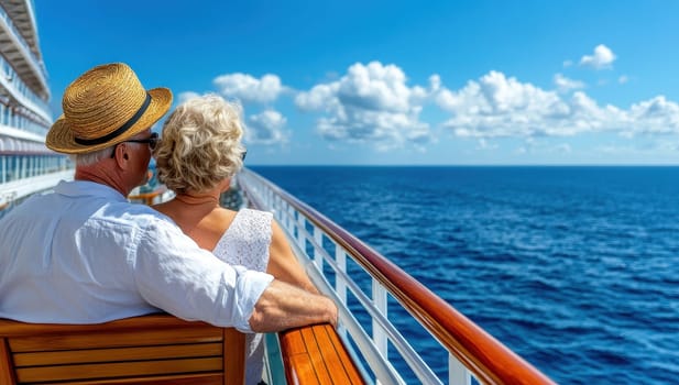 Happy senior couple enjoys a romantic cruise ship voyage, gazing at the ocean view.