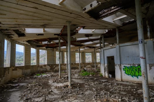 Inside the dilapidated structure, nature intertwines with remnants of the past.