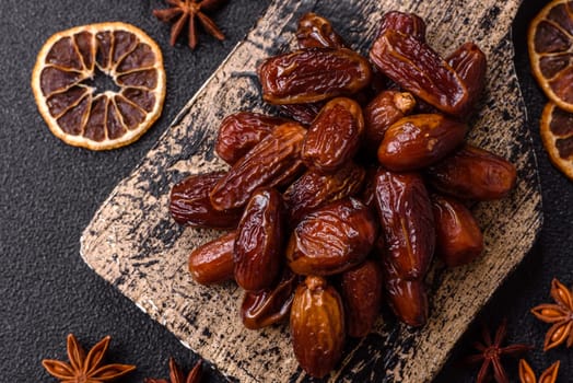 Dried tropical date fruit as an ingredient for fresh organic diet food. Vegan, vegetarian food