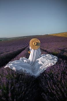 Here's a caption that fits your specifications: Woman in white dress and straw hat sits amidst expansive purple lavender fields. Serene, idyllic scene. Back view.