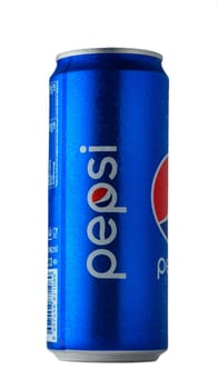 Gaziveren Cyprus -04.04.2025 This striking blue soda Pepsi can stands tall, showcasing its iconic label, ready to quench thirst during a sunny afternoon barbecue or picnic, bringing joy and refreshment to all.