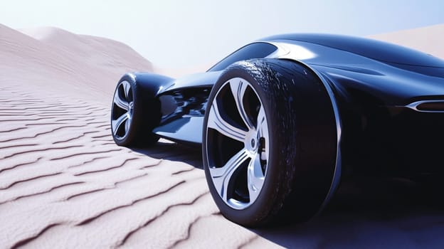 Sleek black sports car speeds through desert sand dunes, embodying a futuristic concept