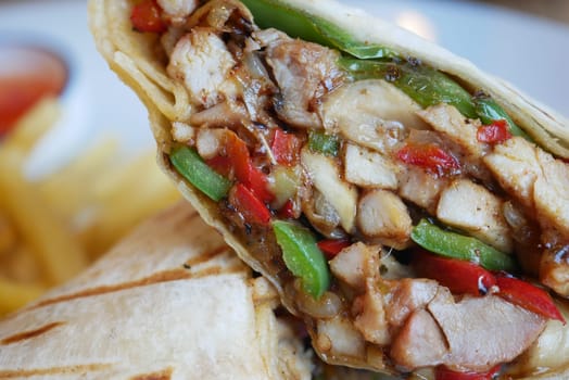 Grilled chicken and veggies in a tortilla with fries.