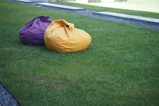 Two vibrant bean bags sit on lush green grass beside a stone walkway.