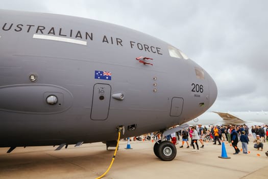 MELBOURNE, AUSTRALIA - MARCH 29: An A41-206 Royal Australian Air Force Boeing C-17A Globemaster III at the Australian International Airshow at Avalon Airport on March 29, 2025 in Melbourne, Australia.
