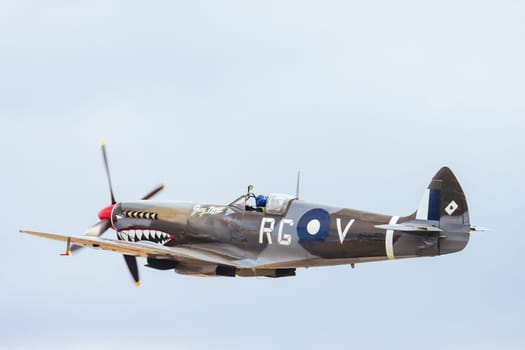 MELBOURNE, AUSTRALIA - MARCH 29: A Spitfire VIII flies at the Australian International Airshow at Avalon Airport on March 29, 2025 in Melbourne, Australia.