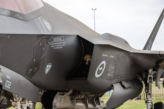 MELBOURNE, AUSTRALIA - MARCH 29: An RAAF F-35A Lightning II at the Australian International Airshow at Avalon Airport on March 29, 2025 in Melbourne, Australia.