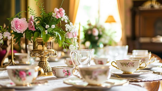 Elegant table setting for tea party with cakes and cupcakes in English manor. Selective focus. Vintage style