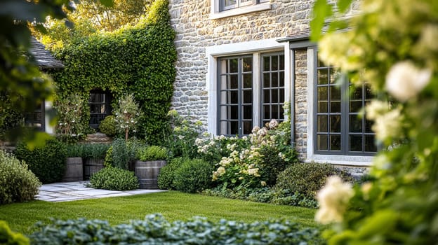 Elegant English gardens, floral arrangements, and refined interiors. Featuring lush greenery, soft textiles, and delicate furnishings, evoking charm, grace, and countryside romance