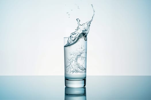 Hyperrealistic glass of water with wave splashing dramatically upward. AI generated