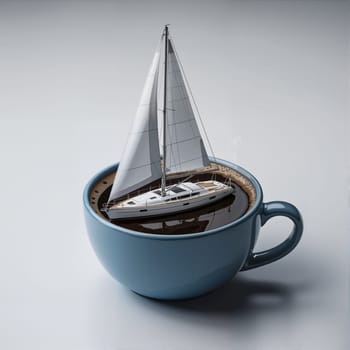 Surreal teacup with sailboat navigating stormy waves inside.. AI generated