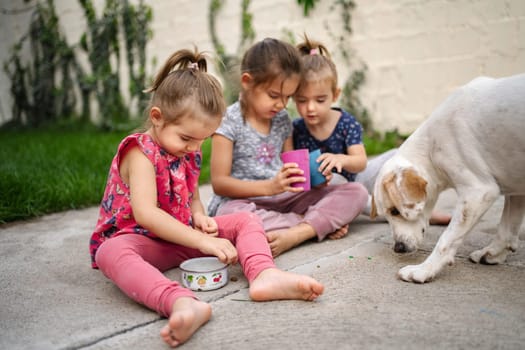 Three children happily engage in outdoor activities with their playful dog.
