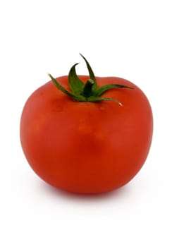 A ripe tomato sits elegantly against a clean backdrop, its smooth surface reflecting subtle light. The plants green stem adds a touch of nature, enhancing its appetizing appeal.