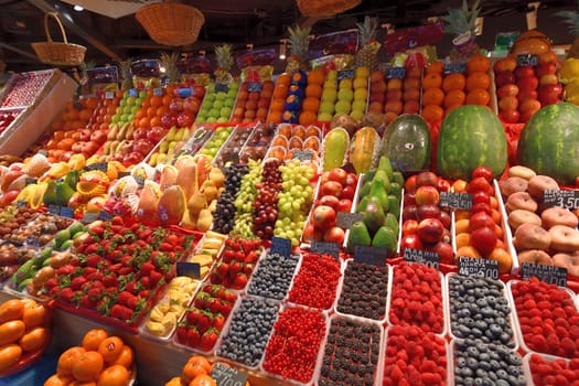 Moscow, Russia - Apr 02.2022. Depo - largest food mall in Europe. Showcase with fruits and a berries
