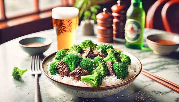 Two bowls filled with tender beef and fresh broccoli served over fluffy white rice, topped with sesame seeds. The scene is set on a marble countertop, accompanied by a cold beer, creating a cozy and appetizing mealtime ambiance.
