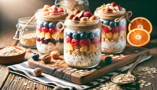 A delightful display of overnight oats jars, each topped with fresh fruits, nuts, and seeds, set on a rustic wooden surface. The jars are arranged with care, showcasing the layers of creamy oats and vibrant toppings, all captured in soft natural light.