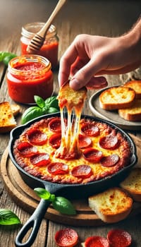 Two close-up shots of a pepperoni pizza dip in a cast iron skillet. Each image captures a hand dipping a slice of toasted bread into the gooey, melted cheese and pepperoni mixture, set on a rustic wooden table. Nearby bowls of crispy toasted bread slices are ready for dipping, adding to the inviting, cozy atmosphere.